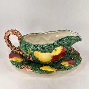 Vtg Fitz Floyd FF Woodland Santa Ceramic Christmas Gravy Boat Underplate 90s